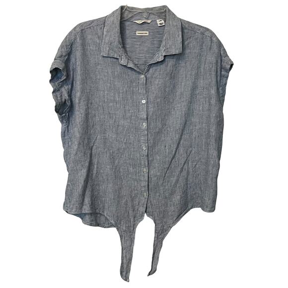 2 WEATHERPROOF VINTAGE CAP SLEEVE BUTTON BLOUSES, WOMENS, L, MULTI & NAVY/WHITE - Picture 5 of 12